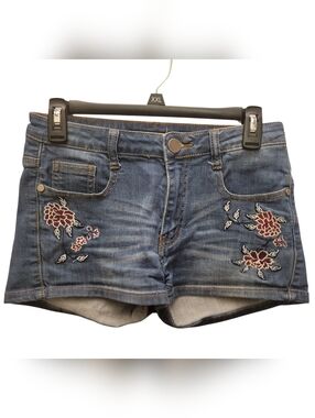 Embroidered Harper Blue Jean Shorts with Red Floral Embroidery